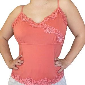 Y2K NYC DESIGN CO. CORAL PINK LACE CROSSOVER CAMI TANK TOP size large